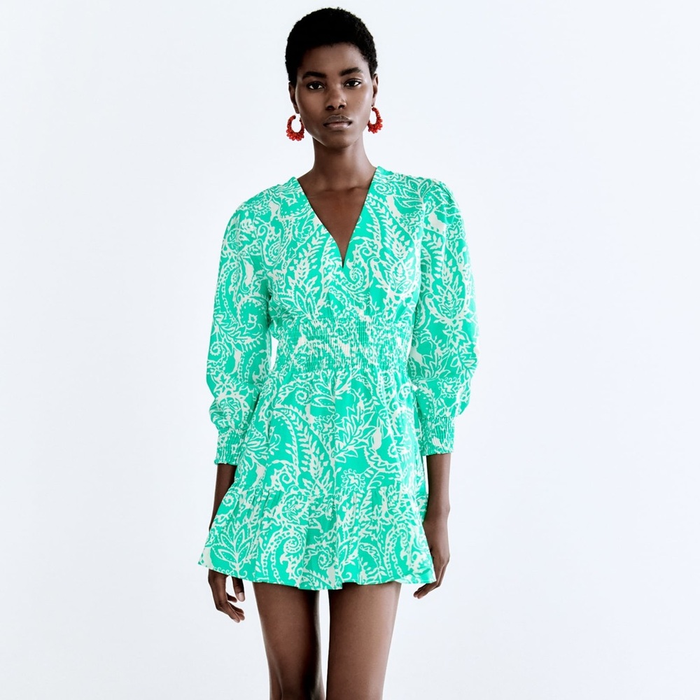 Zara worn once teal and white print long sleeve dress